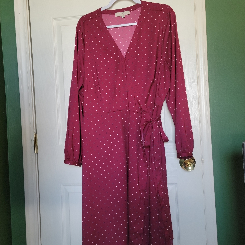 LOFT Raspberry Polka Dot Midi Wrap Dress